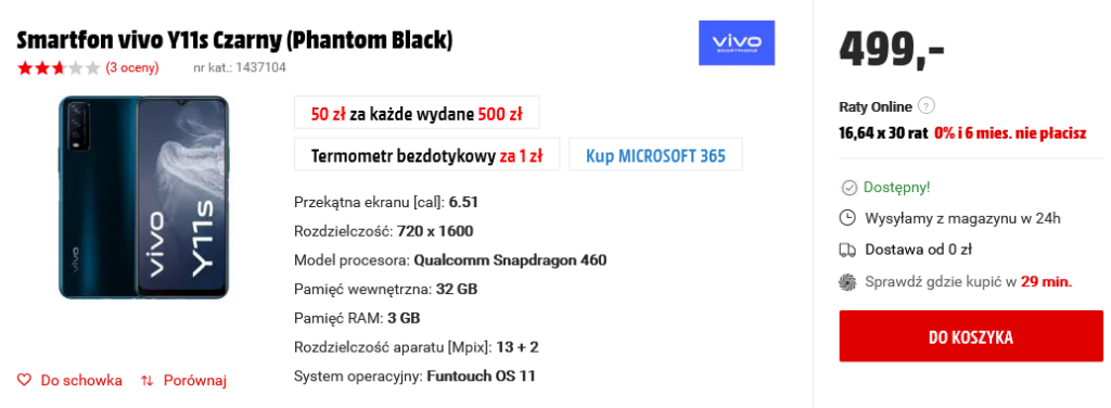 Zrzut ekranu ze strony sklepu internetowego przedstawiający smartfon vivo Y11s w kolorze czarnym, wyceniony na 499 PLN. Wymienione są kluczowe specyfikacje, takie jak rozmiar wyświetlacza, rozdzielczość, procesor i pamięć RAM. Widoczny jest duży czerwony przycisk "Do koszyka!".