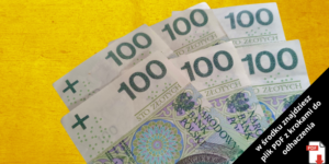 Pięć banknotów o nominale 100 złotych ułożonych w wachlarz na żółtej powierzchni, z etykietą w języku polskim i czerwoną ikoną PDF w prawym dolnym rogu.