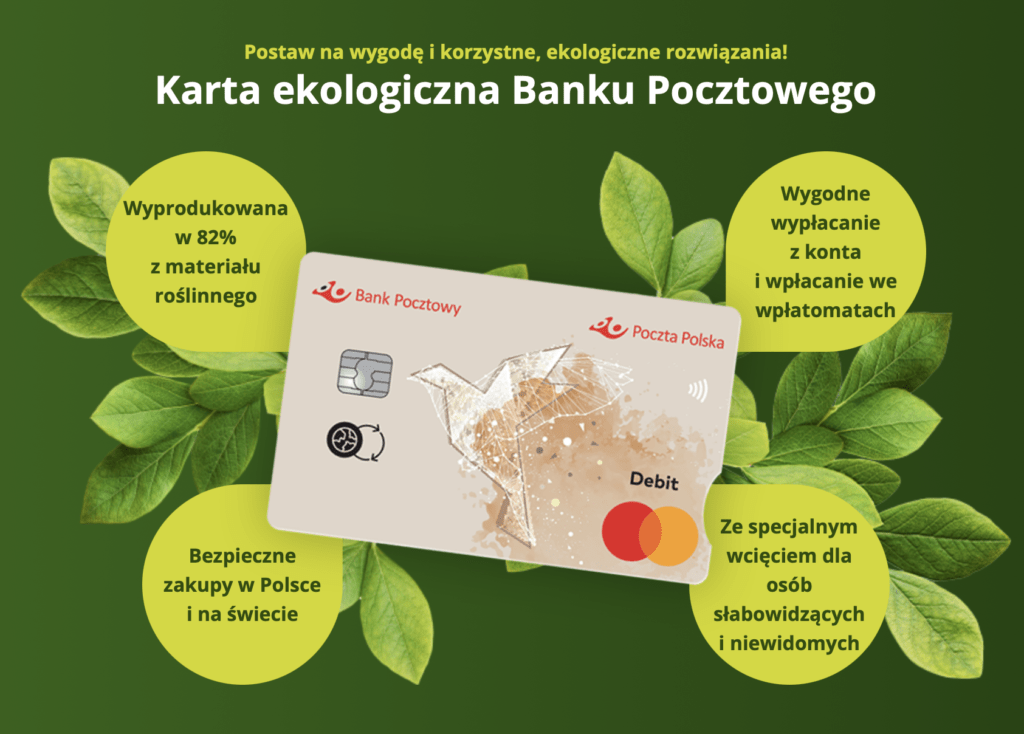Polska ekologiczna karta debetowa z motywem liścia otoczona jest zielonymi liśćmi. Tekst podkreśla cechy: 82% materiał pochodzenia roślinnego, bezpieczne użytkowanie, łatwa wypłata gotówki oraz wycięcie dla osób niedowidzących.