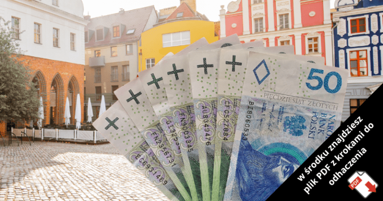 Wachlarz polskich banknotów 50-złotowych jest wyświetlany przed kolorowymi budynkami i brukowanym placem, z etykietą w języku polskim o pliku PDF w prawym dolnym rogu.