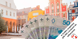 Wachlarz polskich banknotów 50-złotowych trzymanych przed kolorowymi zabytkowymi budynkami, z ikoną PDF i polskim tekstem w rogu.