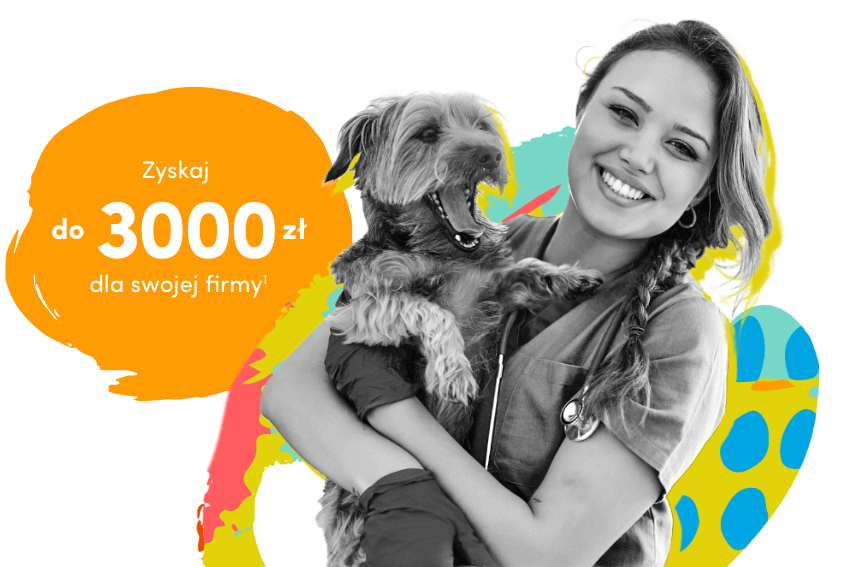 Uśmiechnięta kobieta w fartuchu trzyma małego, szczęśliwego psa. Za nimi znajduje się pomarańczowy kształt z polskim tekstem: "Zyskaj do 3000 zł dla swojej firmy!". W tle pojawiają się kolorowe abstrakcyjne kształty.