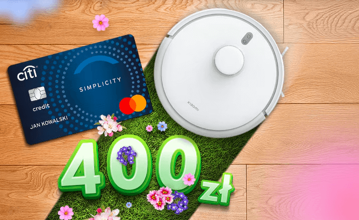 Karta kredytowa Citi Simplicity, biały robot odkurzający i "400 zł" w dużym zielonym tekście na trawiastej ścieżce z kwiatami, wszystko na tle drewnianej podłogi.