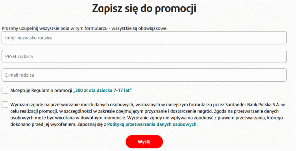 Polski formularz rejestracyjny zatytułowany "Zapisz się do promocji" z polami na imię i nazwisko rodzica, numer PESEL, polem wyboru do zaakceptowania warunków, drugim do wyrażenia zgody na przetwarzanie danych oraz czerwonym przyciskiem "Wyślij" na dole.