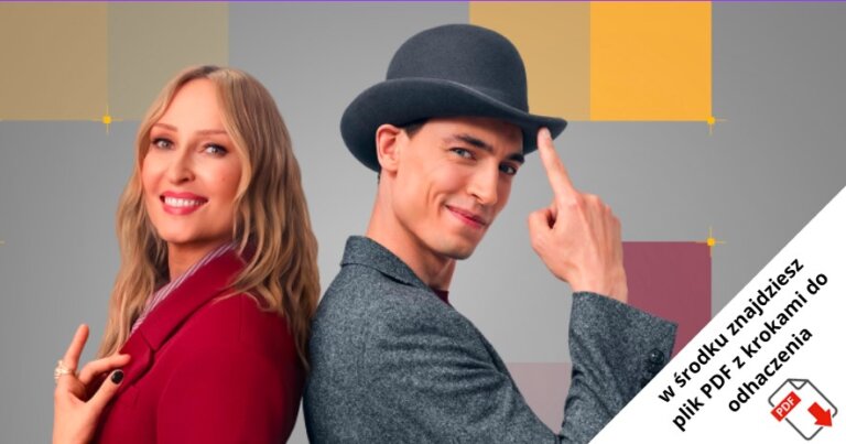 Uśmiechnięta kobieta w czerwonej sukience stoi obok mężczyzny w szarym garniturze i meloniku, który dotyka ronda swojego kapelusza. W prawym dolnym rogu znajduje się biały baner z polskim tekstem i ikoną PDF.