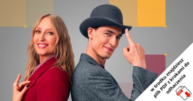Uśmiechnięta kobieta z długimi blond włosami stoi tyłem do mężczyzny w szarym kapeluszu i marynarce, który uchyla kapelusza. Biała sekcja w rogu zawiera polski tekst i małą ikonę PDF.