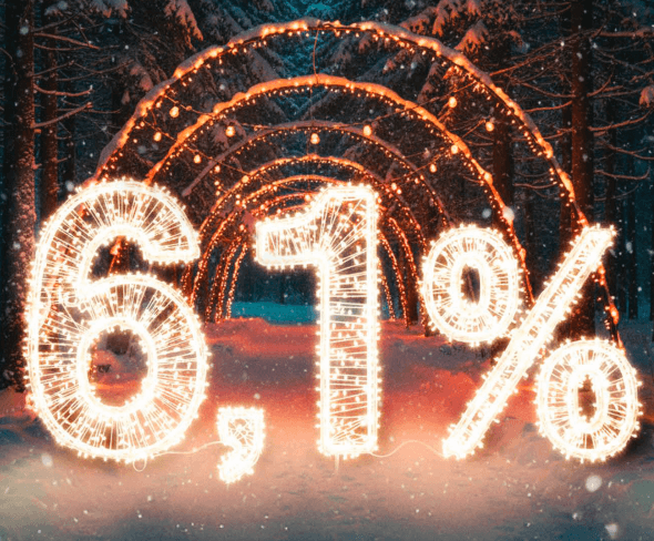 Duże świecące cyfry "6,1%" w migoczących światłach stoją przed oświetlonymi łukami w zaśnieżonym, udekorowanym zimowym lesie w nocy.