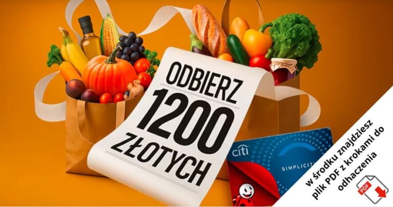 Dwie torby spożywcze wypełnione świeżymi produktami, butelka i chleb. Z przodu duży napis
