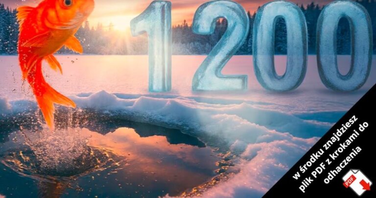 Złota rybka wyskakuje z lodowej dziury w zamarzniętym jeziorze o zachodzie słońca, z dużymi lodowymi cyframi