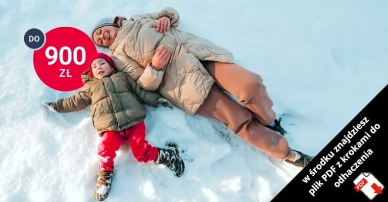 Dorosły i dziecko w zimowych ubraniach leżą na plecach na śniegu, uśmiechając się. Czerwone kółko z napisem