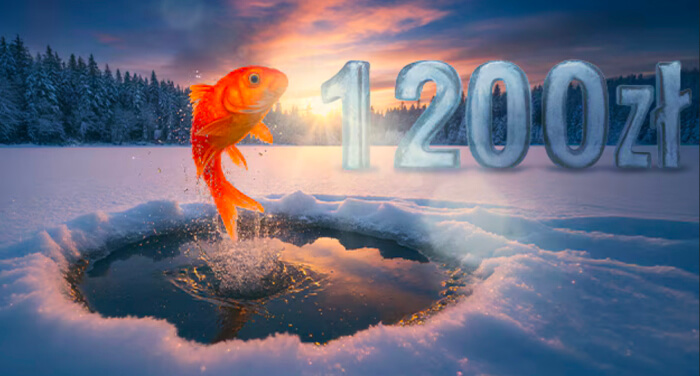 Złota rybka wyskakuje z lodowego przerębla na zamarzniętym jeziorze o zachodzie słońca, z ośnieżonymi drzewami w tle. Duży lodowy tekst wyświetla "1 200 zł.