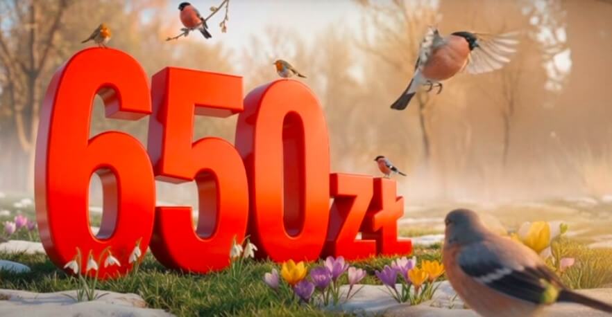 Duże czerwone "650 zł" stoi na trawie z plamami śniegu, otoczone kolorowymi kwiatami krokusa. Kilka ptaków siedzi i lata wokół numerów. W rozmytym tle widoczne są drzewa i delikatne światło słoneczne.