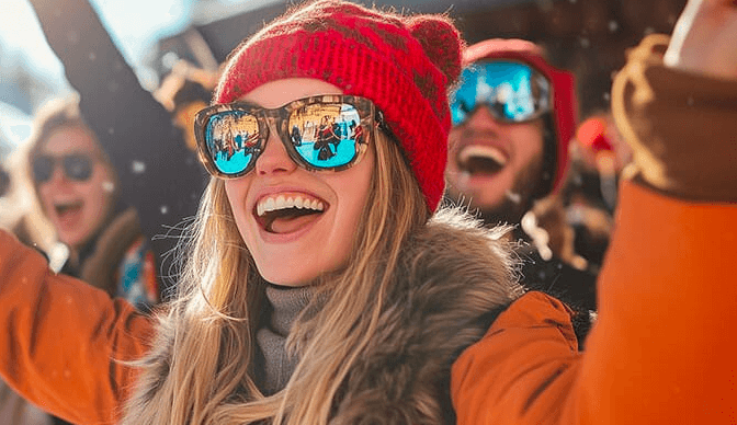 Uśmiechnięta kobieta w czerwonej czapce z dzianiny i okularach przeciwsłonecznych cieszy się zimowym dniem na świeżym powietrzu. Jest ciepło ubrana w futrzany płaszcz, a przyjaciele w tle również się uśmiechają i noszą okulary przeciwsłoneczne.