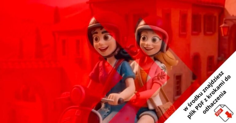 Dwie animowane dziewczyny w kaskach jadą na czerwonym skuterze, uśmiechnięte, na tle budynków w europejskim stylu. Obraz ma czerwoną nakładkę i polskie pole tekstowe w rogu dotyczące pliku PDF do pobrania.