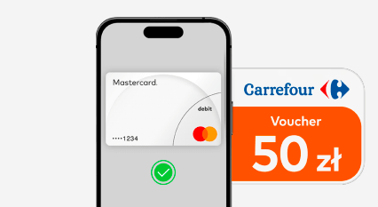 Smartfon wyświetla cyfrową kartę Mastercard z zielonym znacznikiem wyboru poniżej. Obok telefonu znajduje się pomarańczowy bon Carrefour z napisem