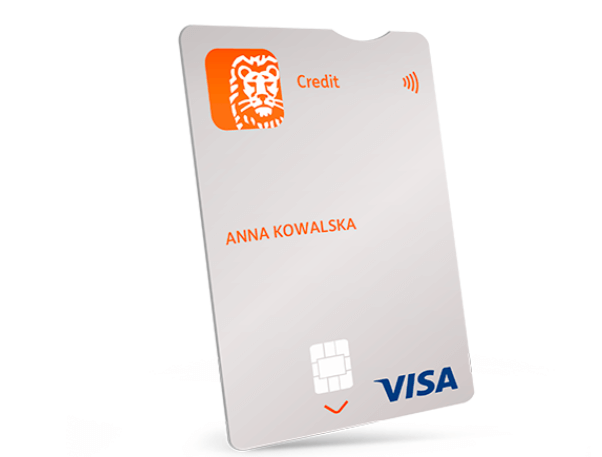 Biała karta kredytowa z logo ING, słowem "Kredyt", nazwiskiem "Anna Kowalska", symbolem płatności zbliżeniowej, chipem i logo Visa.