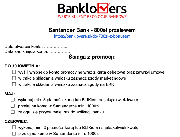 Zrzut ekranu strony Banklovers przedstawiający promocję Santander Bank. Tekst przedstawia kroki i terminy otwarcia konta i spełnienia wymagań dotyczących płatności, aby otrzymać premię za przelew w wysokości 800 zł.