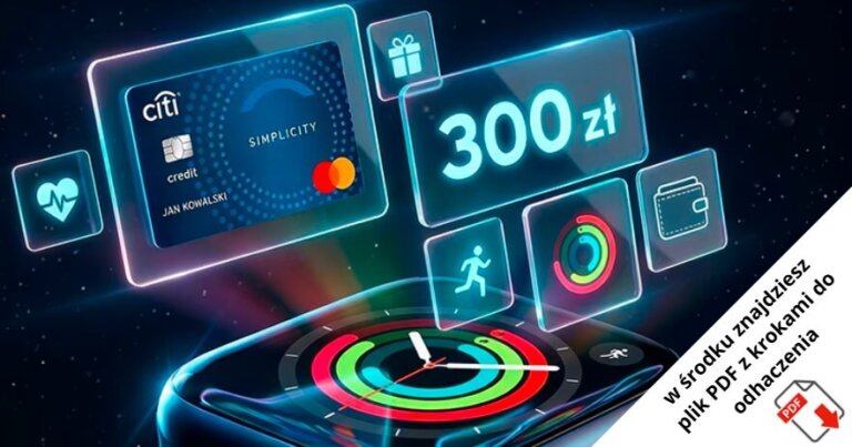 Smartwatch wyświetla kolorowe ikony zdrowia i kondycji. Powyżej znajduje się karta kredytowa, ikona prezentu i 