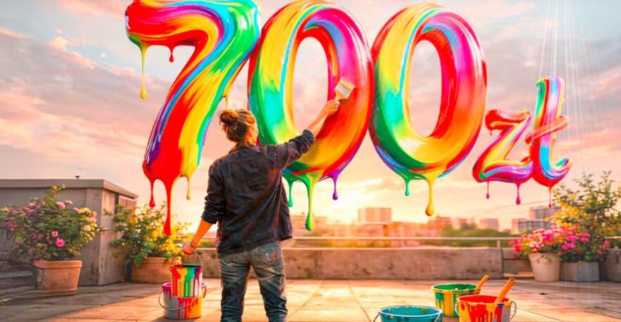 Osoba na dachu maluje duże, kolorowe, kapiące cyfry i litery "700 zł" unoszące się w powietrzu, otoczone puszkami z farbą i pędzlami, z krajobrazem miasta i kwiatami w tle o zachodzie słońca.