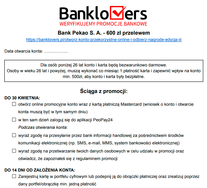Zrzut ekranu polskiej promocji bankowej na otwarcie konta w Banku Pekao S.A. za pośrednictwem Banklovers. Na stronie znajduje się regulamin promocji, terminy, lista rzeczy do zrobienia oraz nagroda w wysokości 500 zł za spełnienie wymagań.