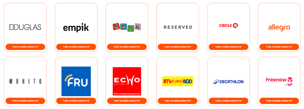 Dwanaście logotypów kart podarunkowych, w tym Douglas, Empik, Smyk, Reserved, Circle K, Allegro, Mohito, FRU, Echo Galeria, RTV Euro AGD, Decathlon i Freenow, każdy z etykietą o wartości 50 zł lub 30 zł.