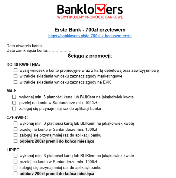 Polskojęzyczna lista kontrolna dla promocji Erste Bank zatytułowanej "700zł przelewem", zawierająca listę kroków do zdobycia premii, uporządkowaną według miesięcy (kwiecień-lipiec), z polami wyboru do śledzenia postępów.