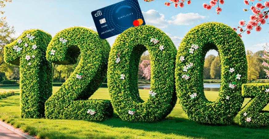 Duże, ozdobione kwiatami cyfry "1200" stoją na trawie w parku. Karta kredytowa Citi Simplicity jest umieszczona na szczycie numerów. W tle widoczne są drzewa i staw.