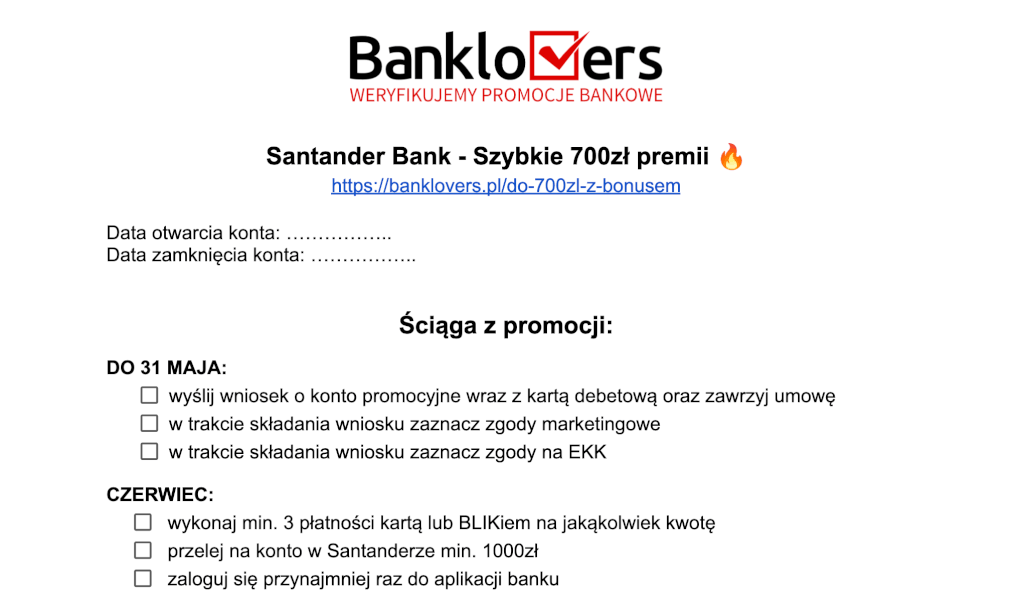 Dokument promocyjny od Banklovers dotyczący oferty Santander Bank na 700 zł premii. Zawiera instrukcje, kluczowe daty i kroki, aby zakwalifikować się do promocji, z logo Banklovers na górze.
