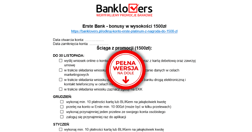 Polski formularz promocyjny Banklovers, z czerwoną pieczęcią pośrodku, na której widnieje napis „PEŁNA WERSJA NA DOLE”. Formularz zawiera listę kroków i terminów dotyczących premii za otwarcie konta bankowego.
