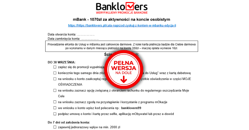 Polski formularz internetowy zawierający szczegóły promocji mBanku, z polami wyboru, polami tekstowymi oraz dużym czerwonym kółkiem pośrodku z napisem „PEŁNA WERSJA NA DOLE”. U góry widnieją logo mBanku i Banklovers.