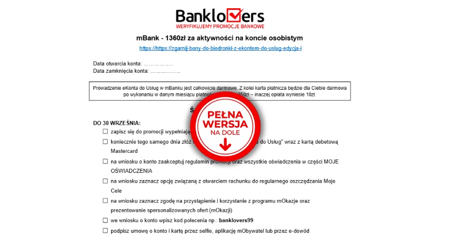 Zrzut ekranu ze strony internetowej zawierający szczegóły oferty promocyjnej mBanku w języku polskim, z dużym czerwonym napisem „PEŁNA WERSJA NA DOLE” (FULL VERSION BELOW) umieszczonym pośrodku. Tekst zawiera instrukcje dotyczące otwarcia konta.