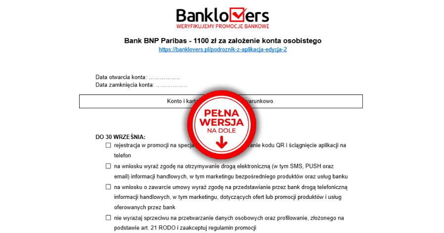 Formularz promocyjny polskiego banku z logo Banklovers, polami na daty otwarcia i zamknięcia konta oraz czerwoną okrągłą etykietą pośrodku z napisem „PEŁNA WERSJA NA DOLE” (Pełna wersja poniżej).