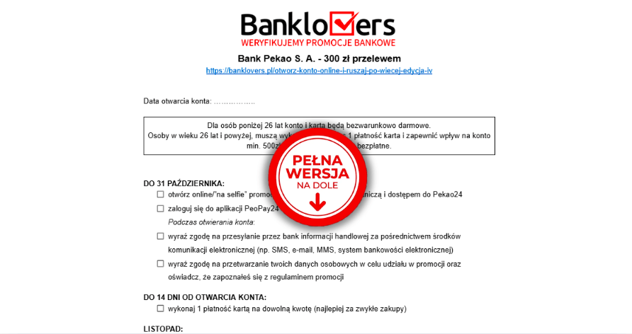 Ulotka promocyjna „Bankloves” dotycząca oferty Banku Pekao S.A. w wysokości 300 PLN, zawierająca informacje o warunkach otwarcia konta i terminach, z wyraźnie widoczną czerwoną naklejką odsyłającą do pełnej wersji poniżej.