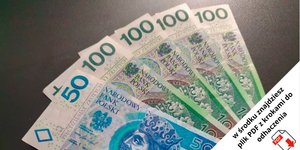 Fan polskich banknotów o nominałach 50 i 100 złotych z informacją o przewodniku w formacie PDF do pobrania.