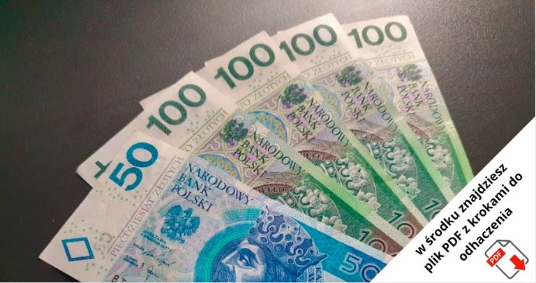 Fan polskich banknotów o nominałach 50 i 100 złotych z informacją o przewodniku w formacie PDF do pobrania.