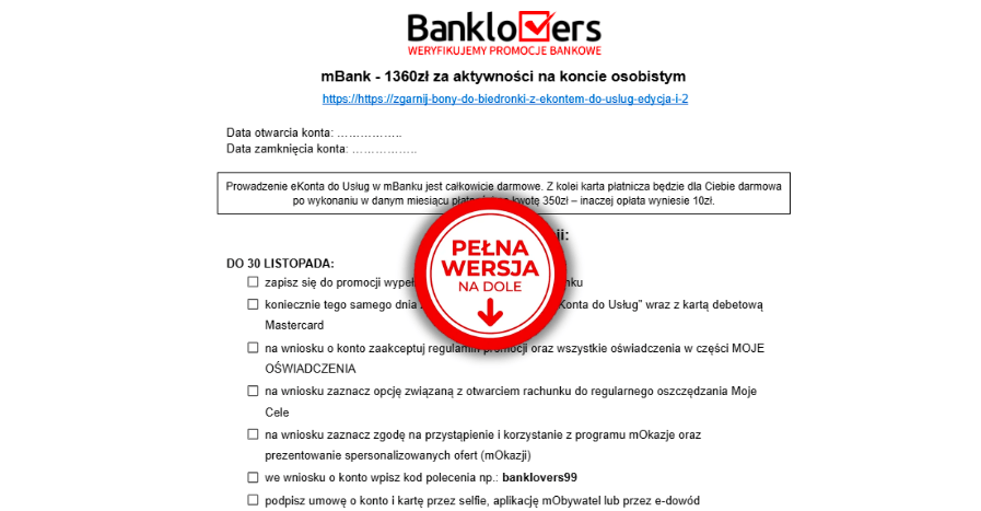 Lista kontrolna dotycząca promocji związanej z otwarciem konta w mBanku, z czerwonym okrągłym stemplem z napisem „PEŁNA WERSJA NA DOLE” i strzałką skierowaną w dół.