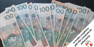 Kolekcja kilku polskich banknotów o nominale 100 złotych, na których w rogu widnieje napis informujący o dołączonym pliku PDF.