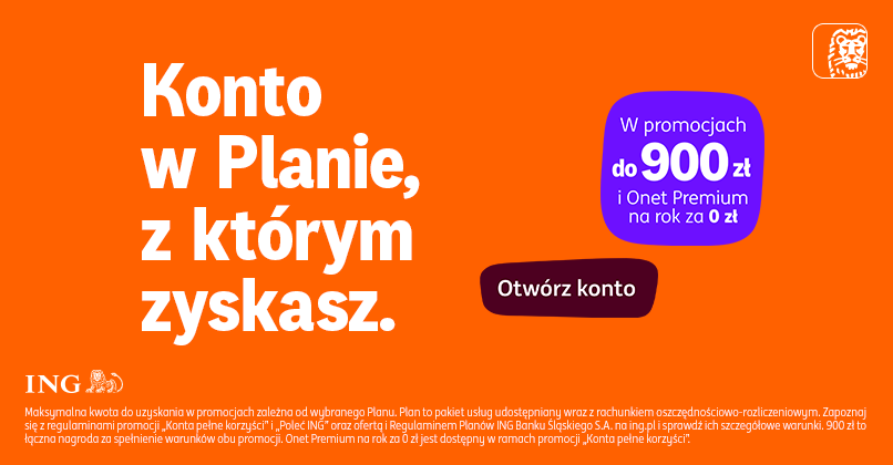 Reklama banku ING w języku polskim promująca konto bankowe z premią w wysokości do 900 PLN oraz bezpłatnym rocznym dostępem do serwisu Onet Premium, zawierająca przycisk „Otwórz konto”.
